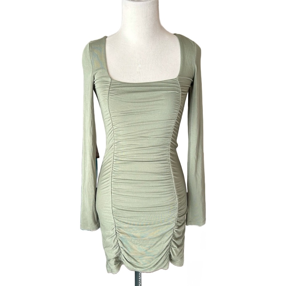 Wilfred Aritzia Lydia ruched sage green mini bodycon dress
